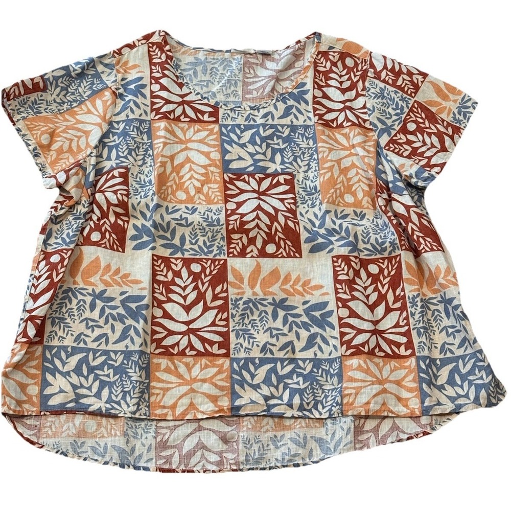 Sigrid Olsen Womens 1X 100% Linen Boxy Relaxed Short Sleeve Shirt Natural Fiber